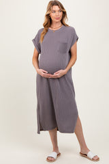 Grey Ribbed Short Sleeve Front Pocket Maternity Midi Dress