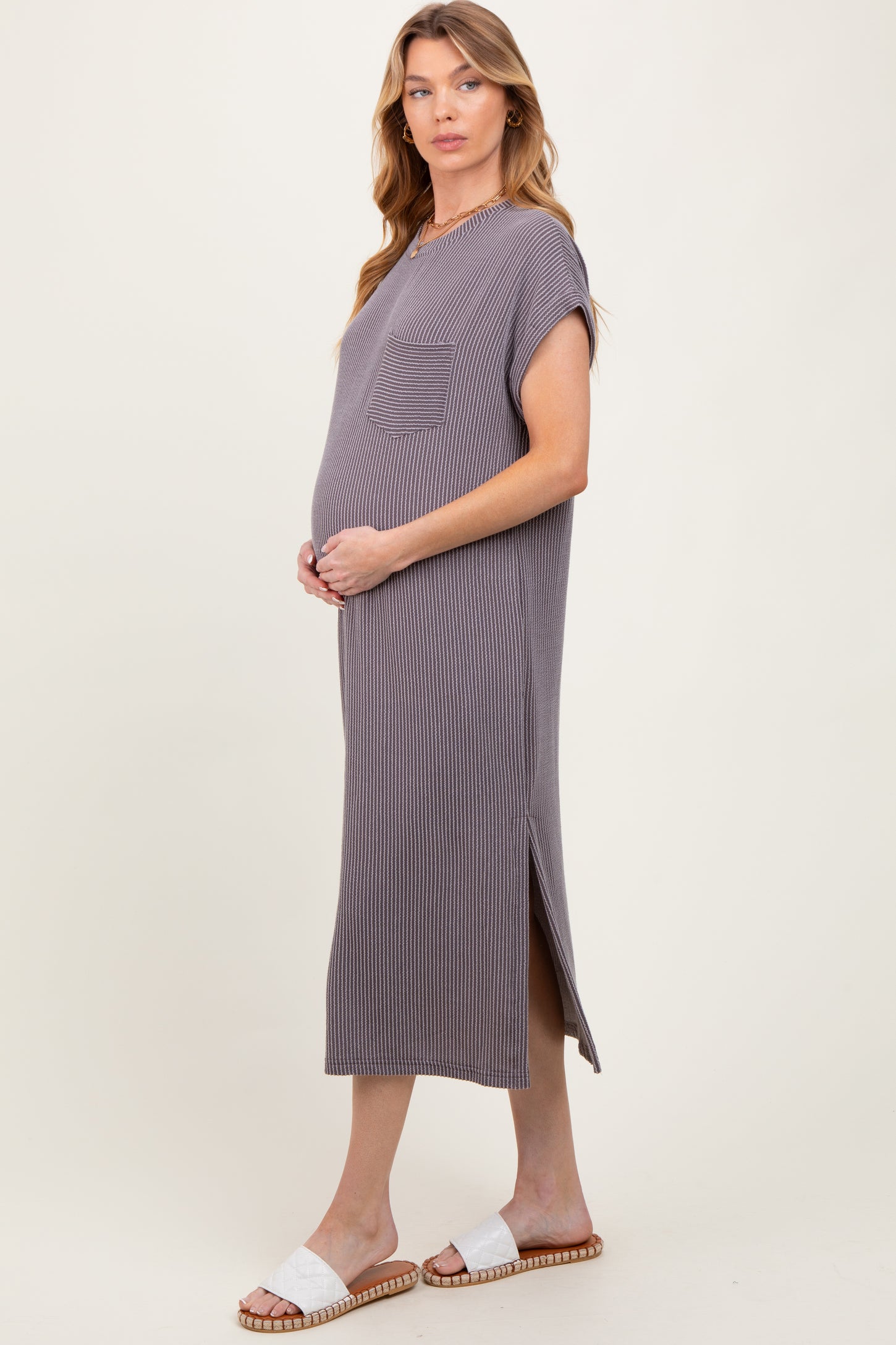 Grey Ribbed Short Sleeve Front Pocket Maternity Midi Dress