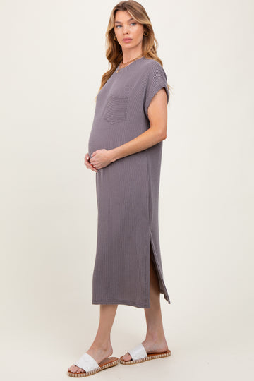 Grey Ribbed Short Sleeve Front Pocket Maternity Midi Dress