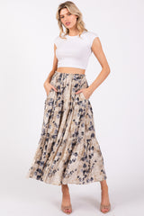 Cream Watercolor Floral Tiered Midi Skirt