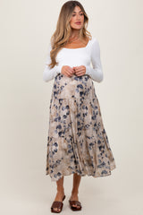 Cream Watercolor Floral Tiered Maternity Midi Skirt