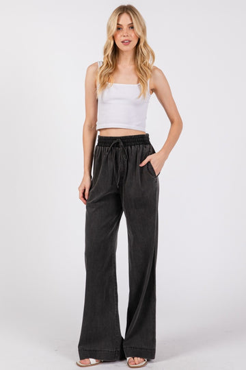 Black Vintage Wash Chambray Wide Leg Pants
