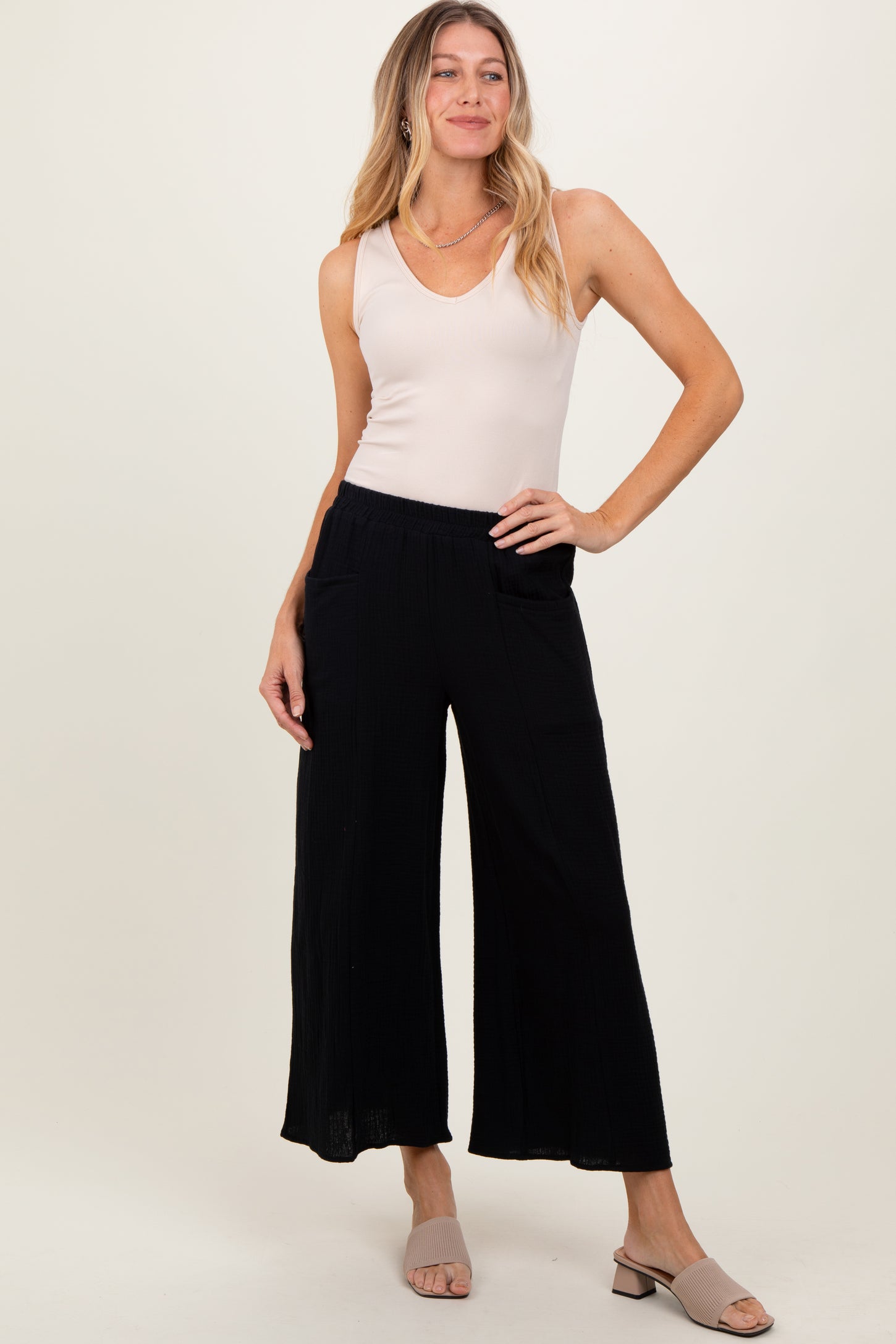 Black Cotton Gauze Wide Leg Pants