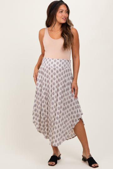 Grey Damask Print Smocked Waistband Maternity Midi Skirt