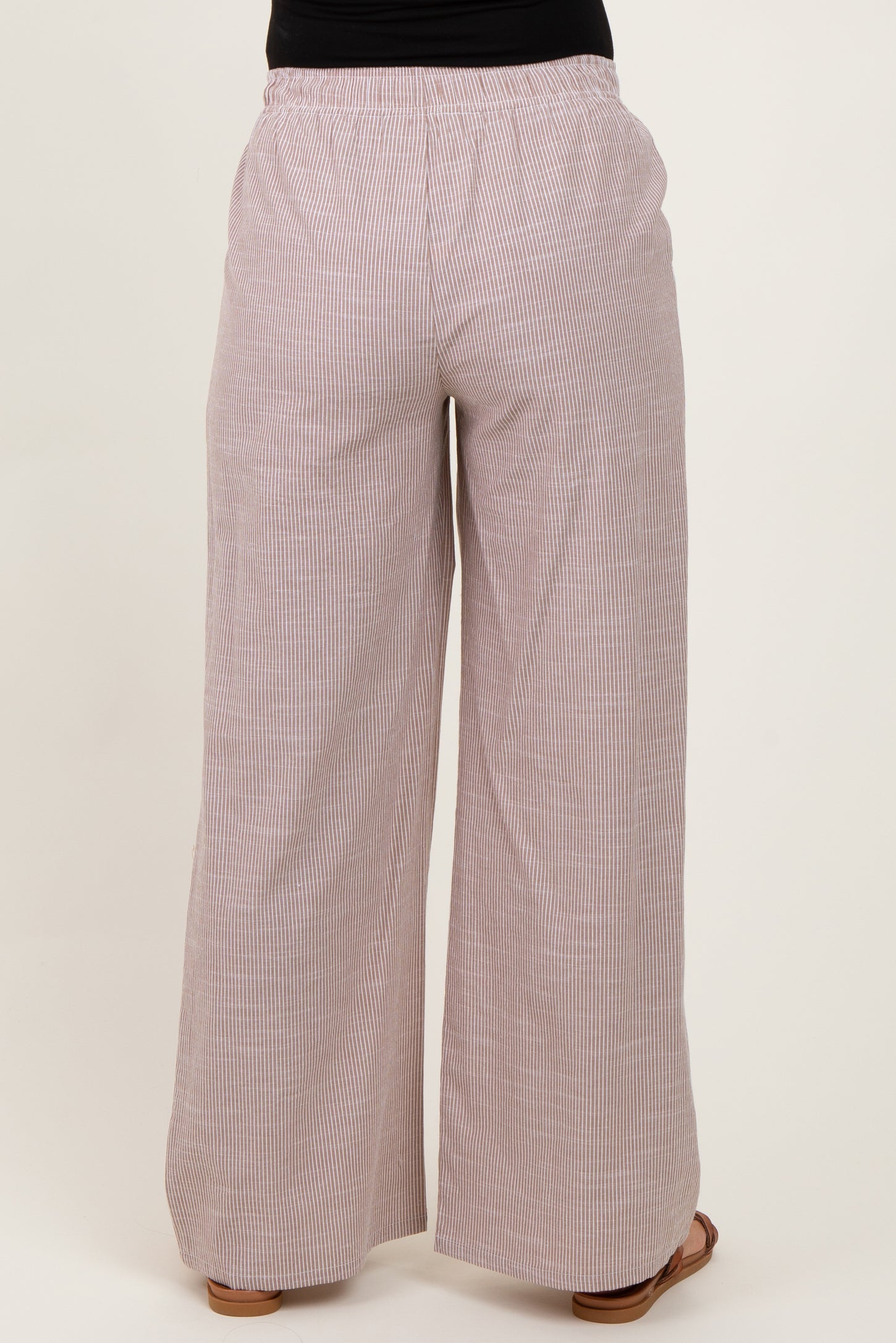 Light Taupe Striped Drawstring Wide Leg Maternity Pants