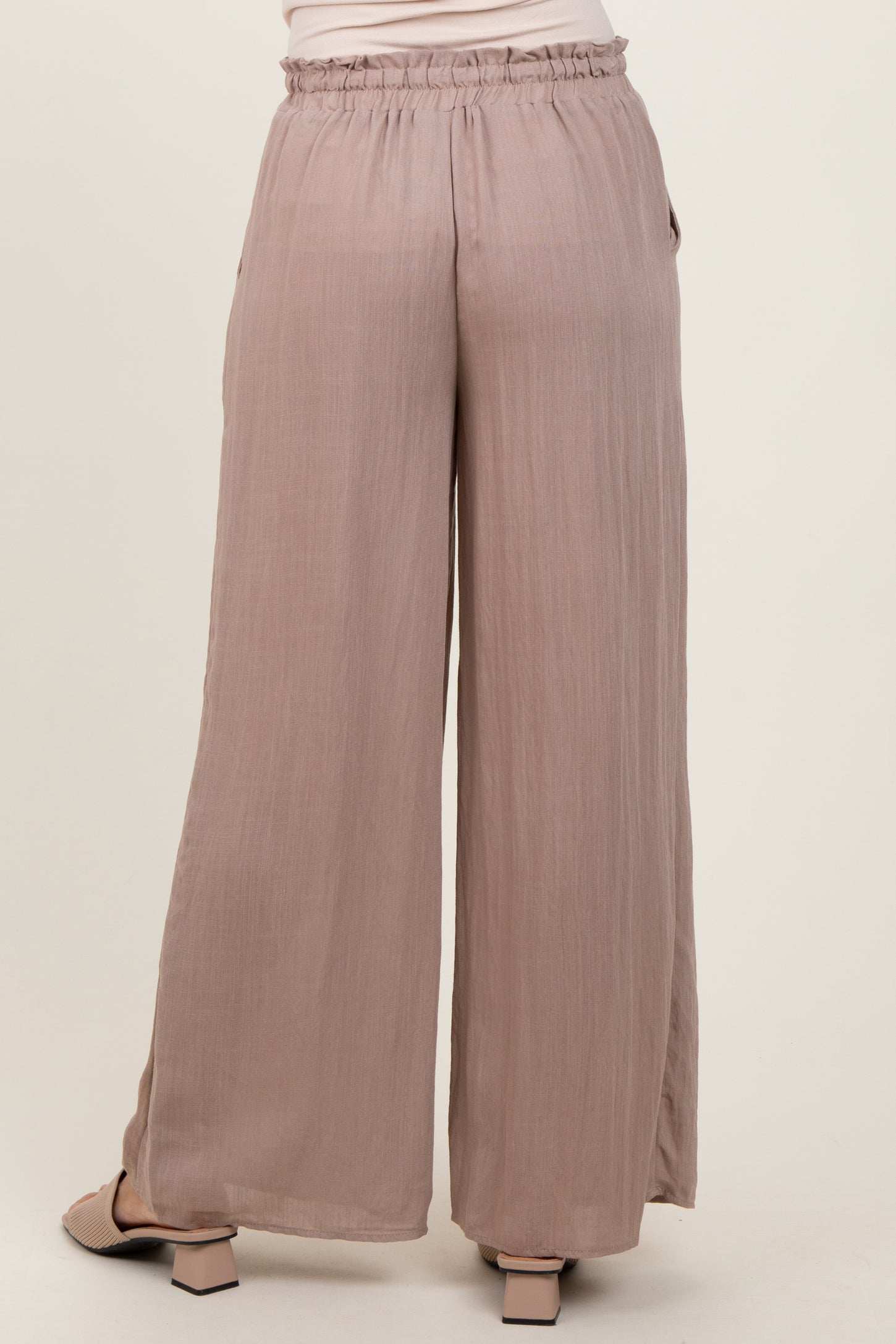Beige Ruffled Drawstring Waist Wide Leg Pants