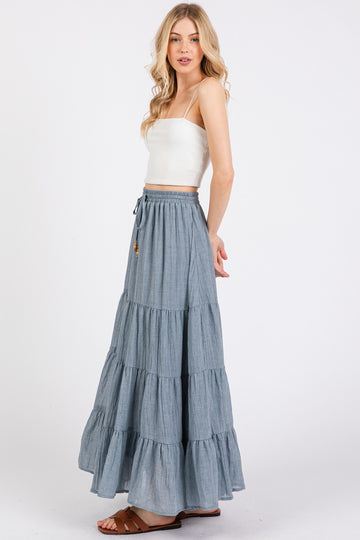 Blue Drawstring Tiered Maxi Skirt
