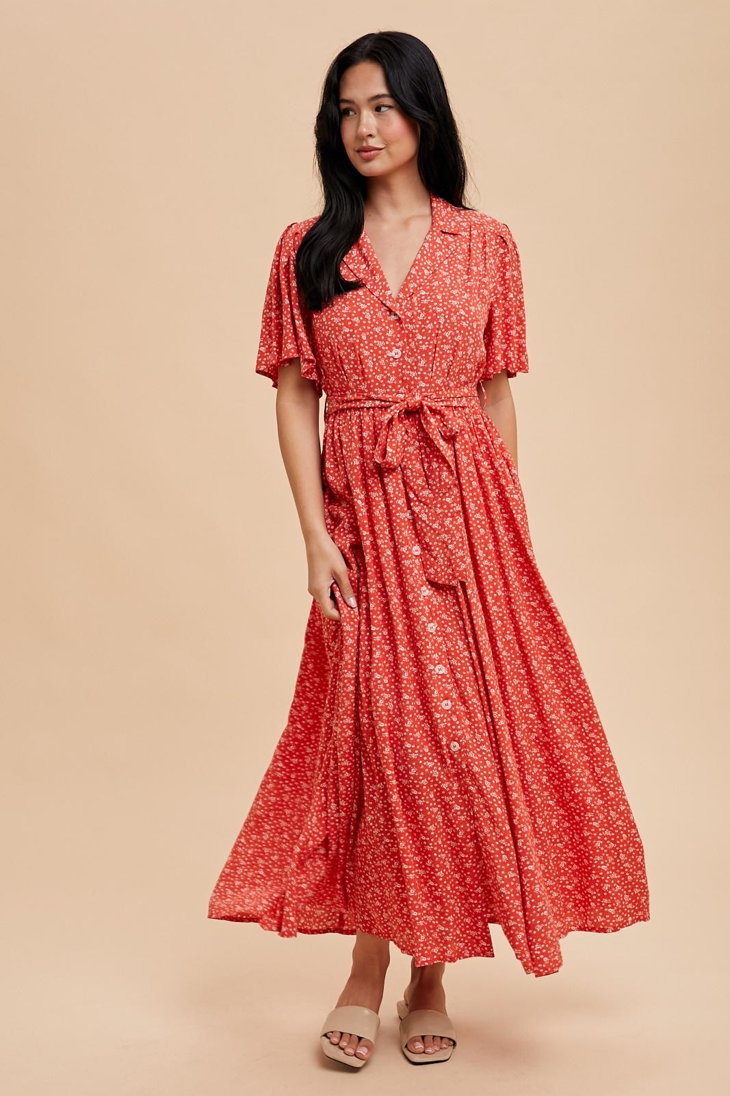 Red Flutter Sleeve Button Down Maxi Dress