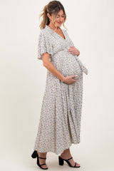 Cream Flutter Sleeve Button Down Maternity Maxi Dress