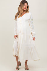Cream Embroidered Long Sleeve Maternity Maxi Dress