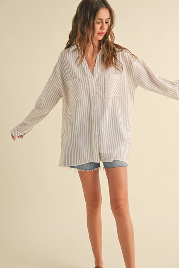 Beige Striped Double Pocket Button Down Top