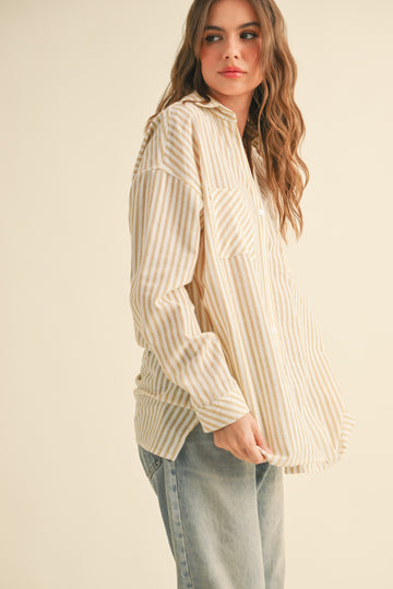 Dark Yellow Striped Double Pocket Button Down Top