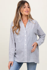 Navy Striped Double Pocket Maternity Button Down Top