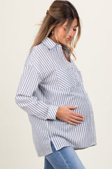 Navy Striped Double Pocket Maternity Button Down Top