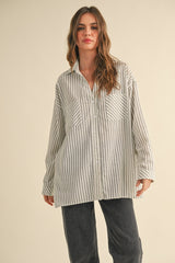 Olive Striped Double Pocket Button Down Top