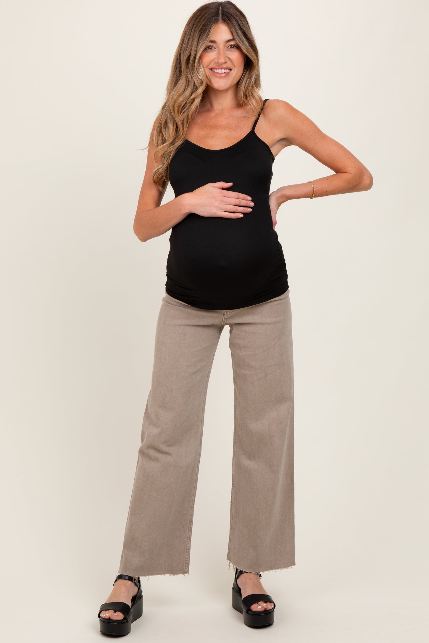 Light Taupe Raw Hem Wide Leg Maternity Jeans