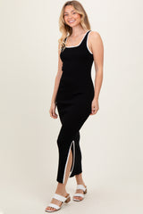Black Colorblock Trim Knit Side Slit Midi Dress