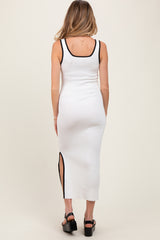 White Colorblock Trim Knit Side Slit Maternity Midi Dress