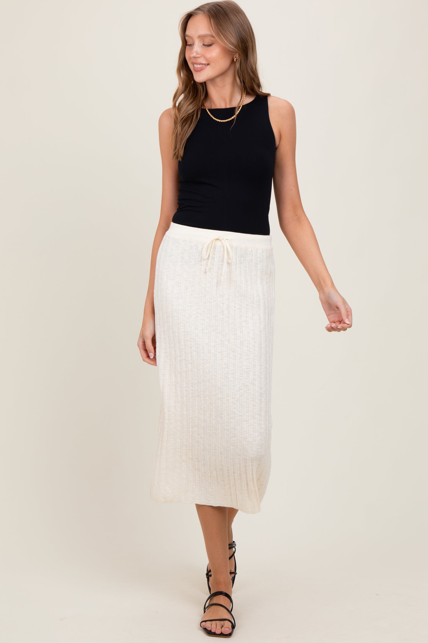 Cream Ribbed Knit Drawstring Midi Skirt