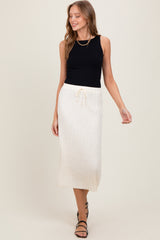 Cream Ribbed Knit Drawstring Midi Skirt