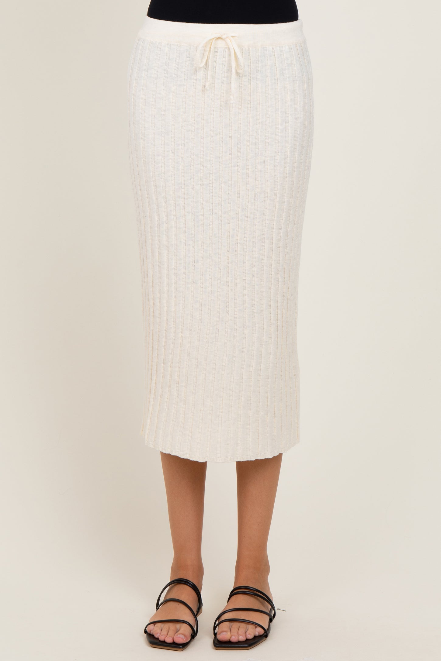 Cream Ribbed Knit Drawstring Midi Skirt