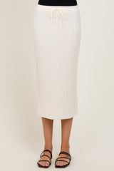 Cream Ribbed Knit Drawstring Midi Skirt