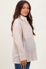 Beige Cotton Gauze Oversized Maternity Button Down Shirt