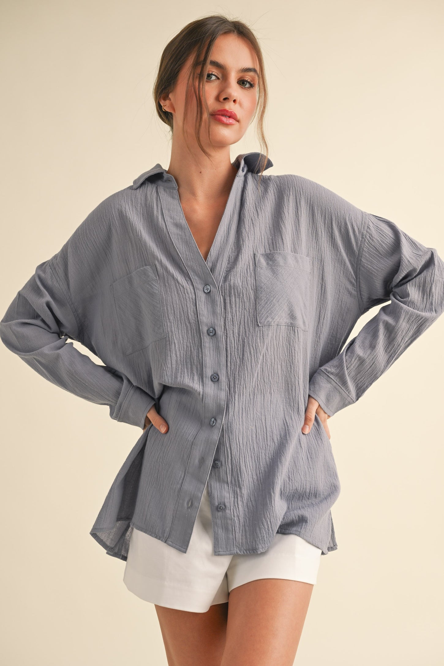 Blue Cotton Gauze Oversized Maternity Button Down Shirt