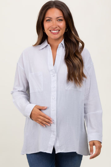 Light Grey Cotton Gauze Oversized Maternity Button Down Shirt