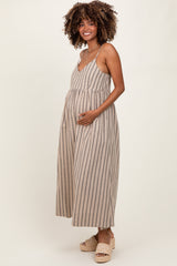 Beige Striped Linen Blend Maternity Maxi Dress