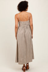 Beige Striped Linen Blend Maxi Dress
