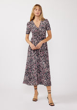 Black Floral Reversible Front Cinched Midi Dress