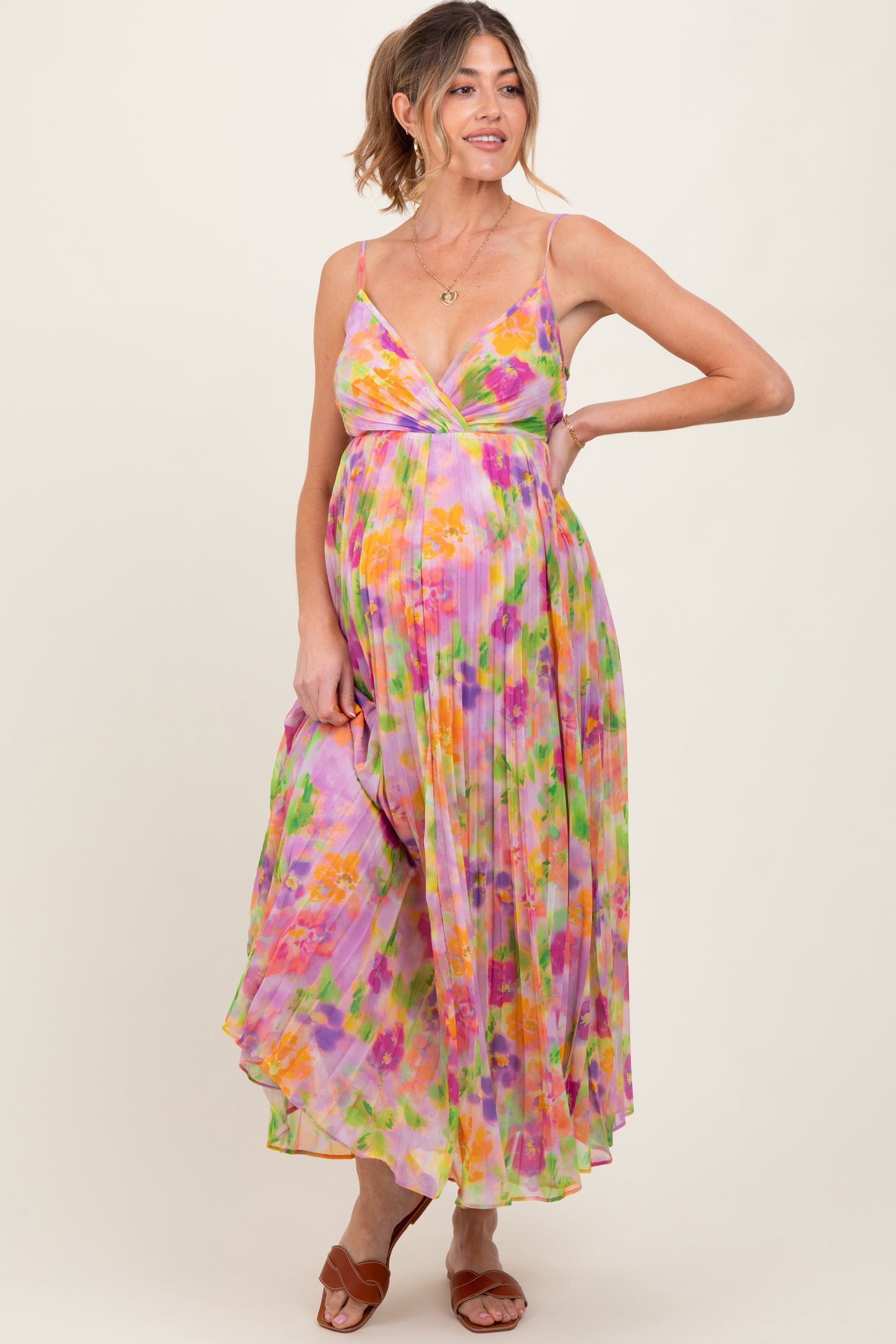 Lilac Floral Pleated Open Back Maternity Maxi Dress