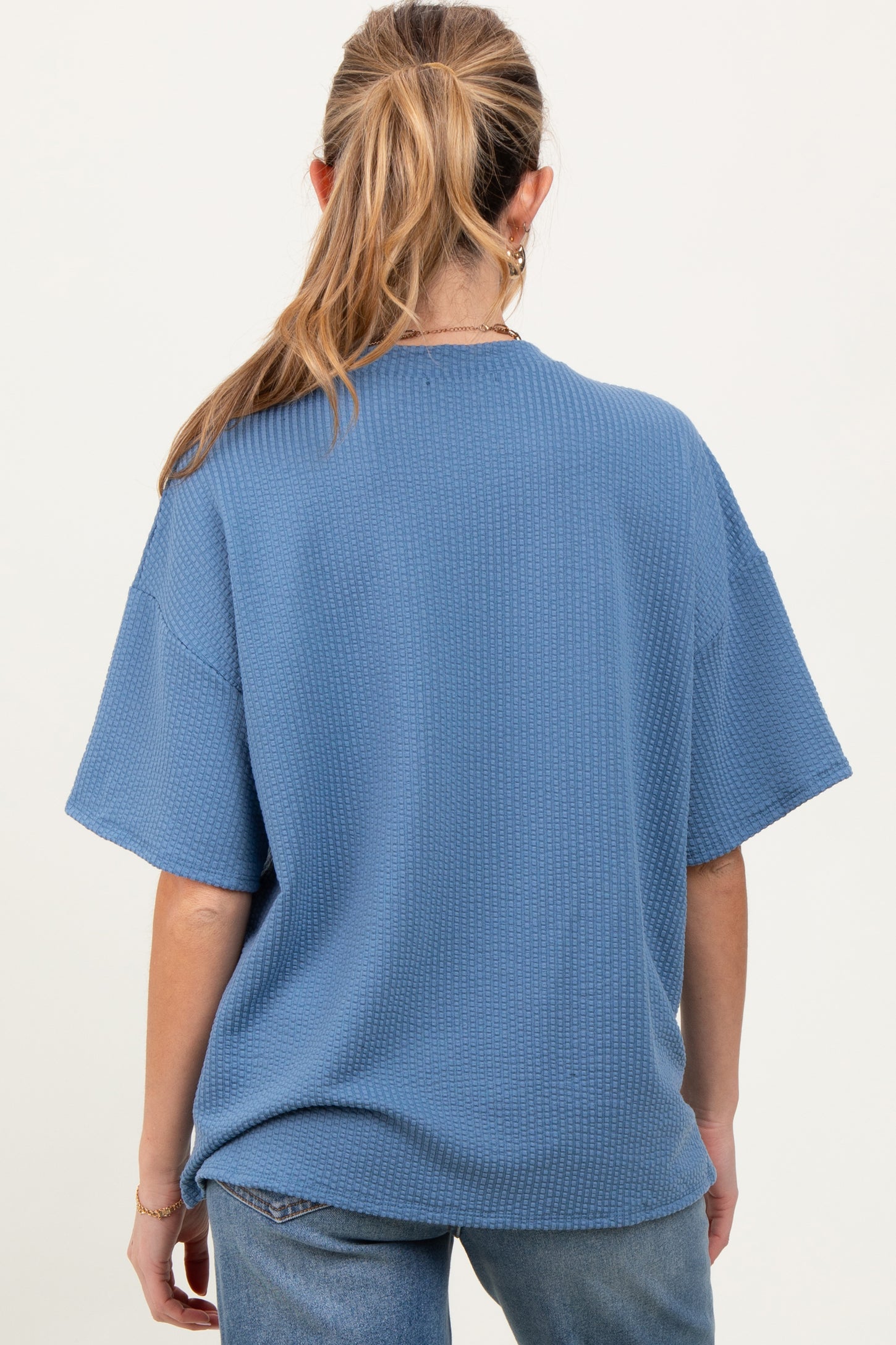 Blue Ribbed Short Sleeve Maternity Top
