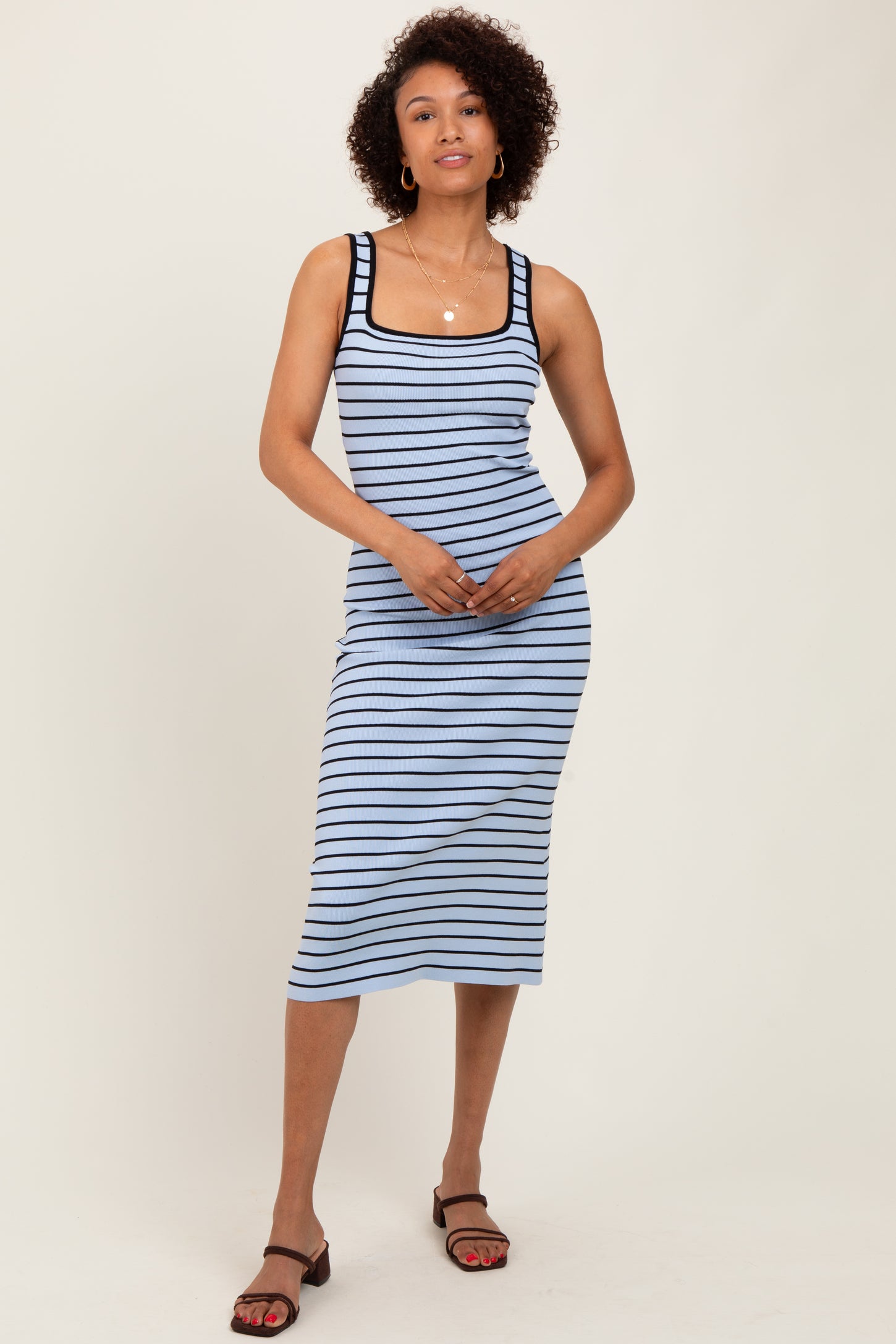 Light Blue Striped Knit Square Neck Maternity Midi Dress