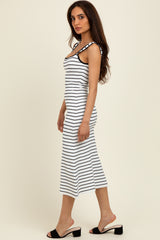 White Striped Knit Square Neck Maternity Midi Dress