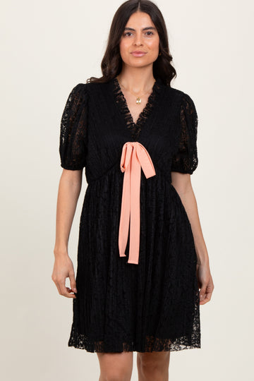 Black Ruffle V Neck Ribbon Bow Pleated Lace Lined Dress