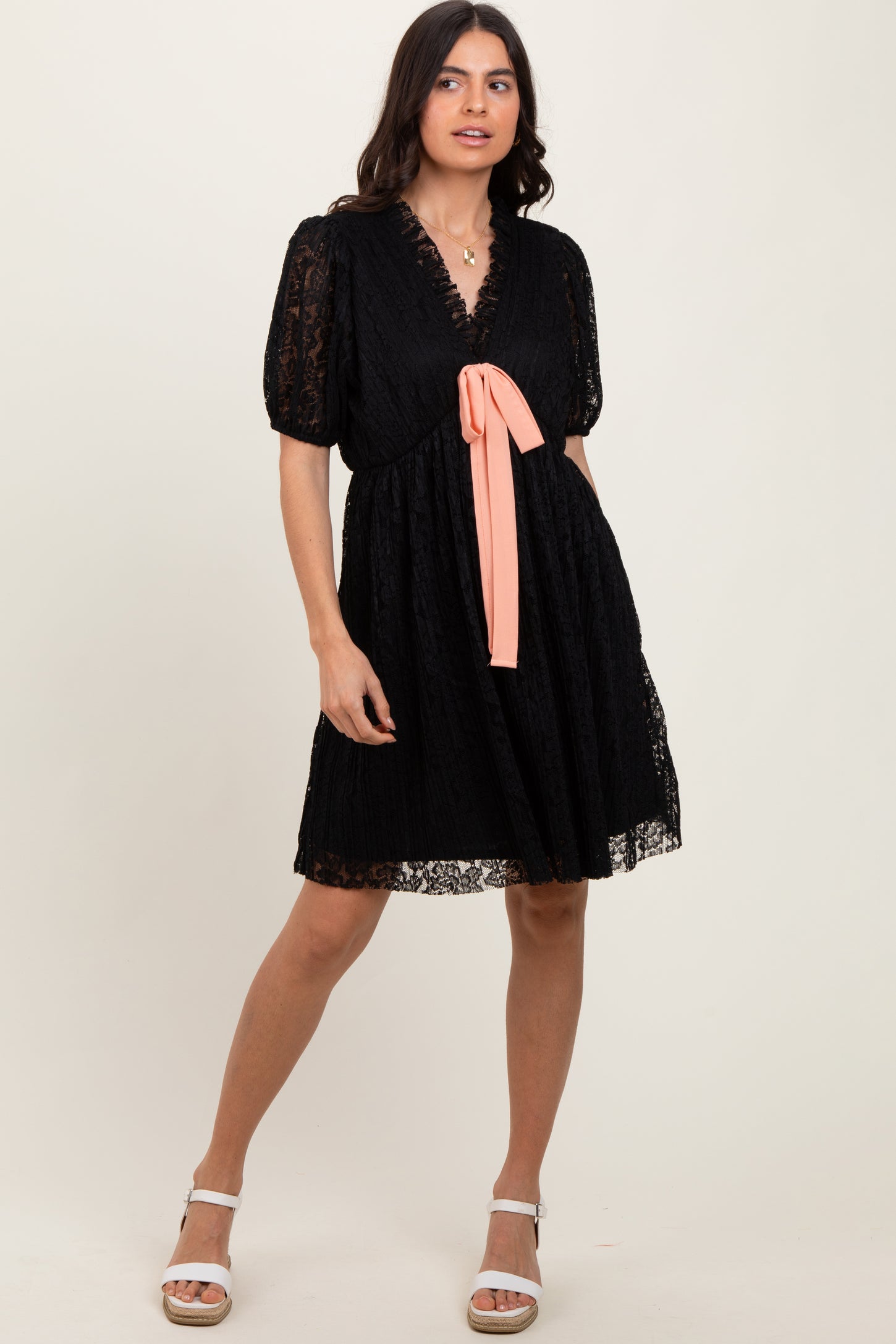Black Ruffle V Neck Ribbon Bow Pleated Lace Lined Maternity Dress
