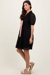 Black Ruffle V Neck Ribbon Bow Pleated Lace Lined Dress