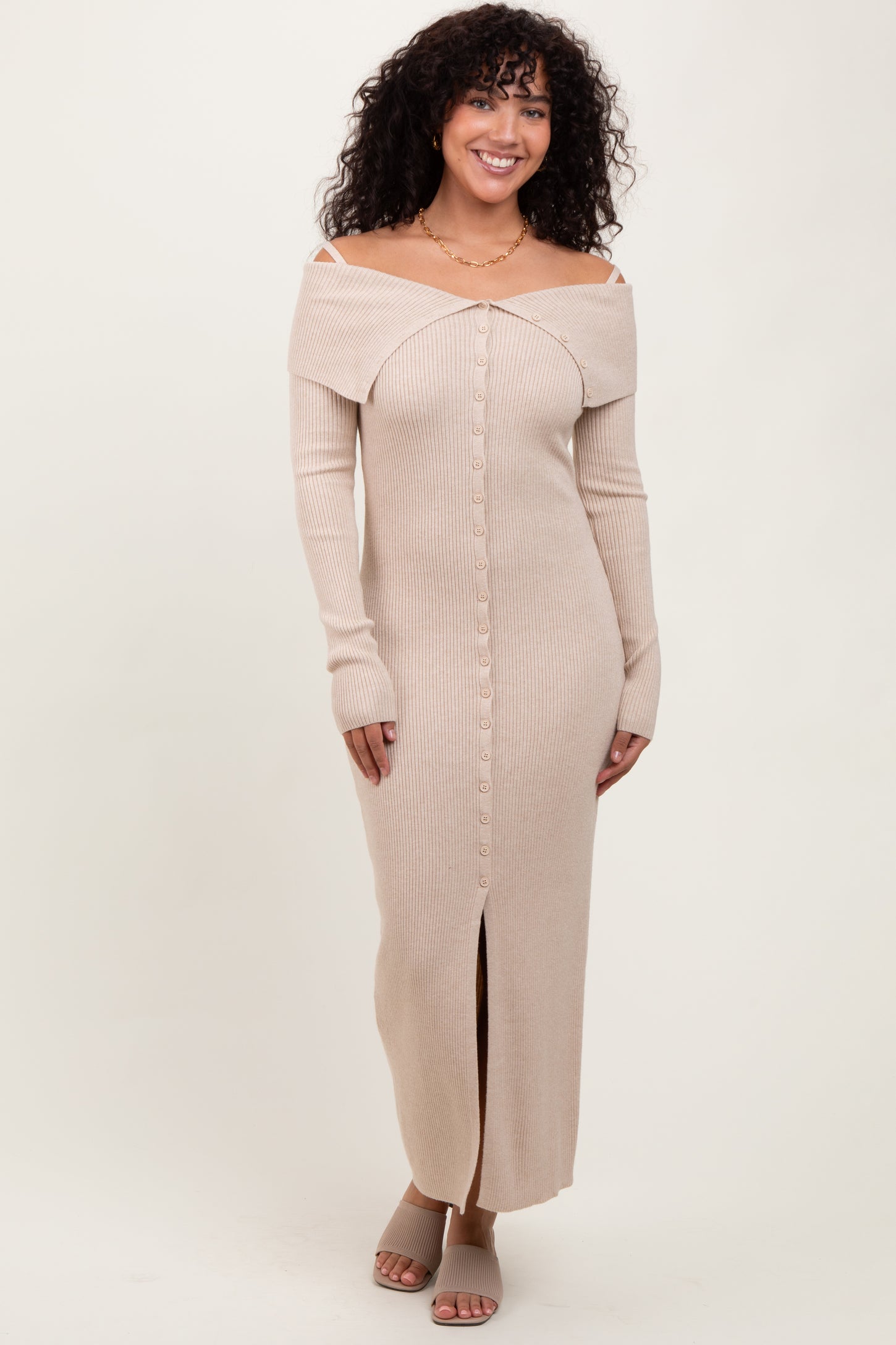 Beige Off Shoulder Long Cardigan Maxi Dress