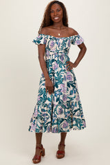 Teal Multi Smocked Top Woven Maternity Midi Dress