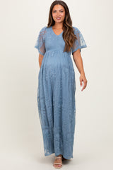 Blue Smocked Top Lace Maternity Maxi Dress