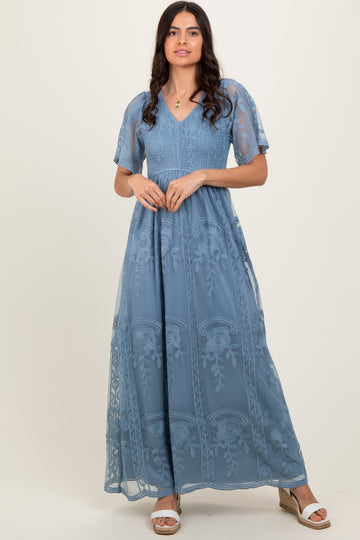 Blue Smocked Top Lace Maxi Dress