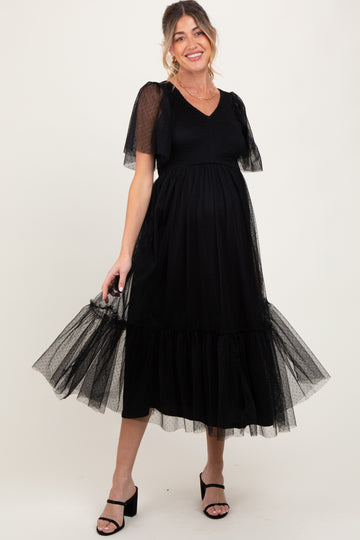 Black Dotted Tulle Smocked Maternity Midi Dress