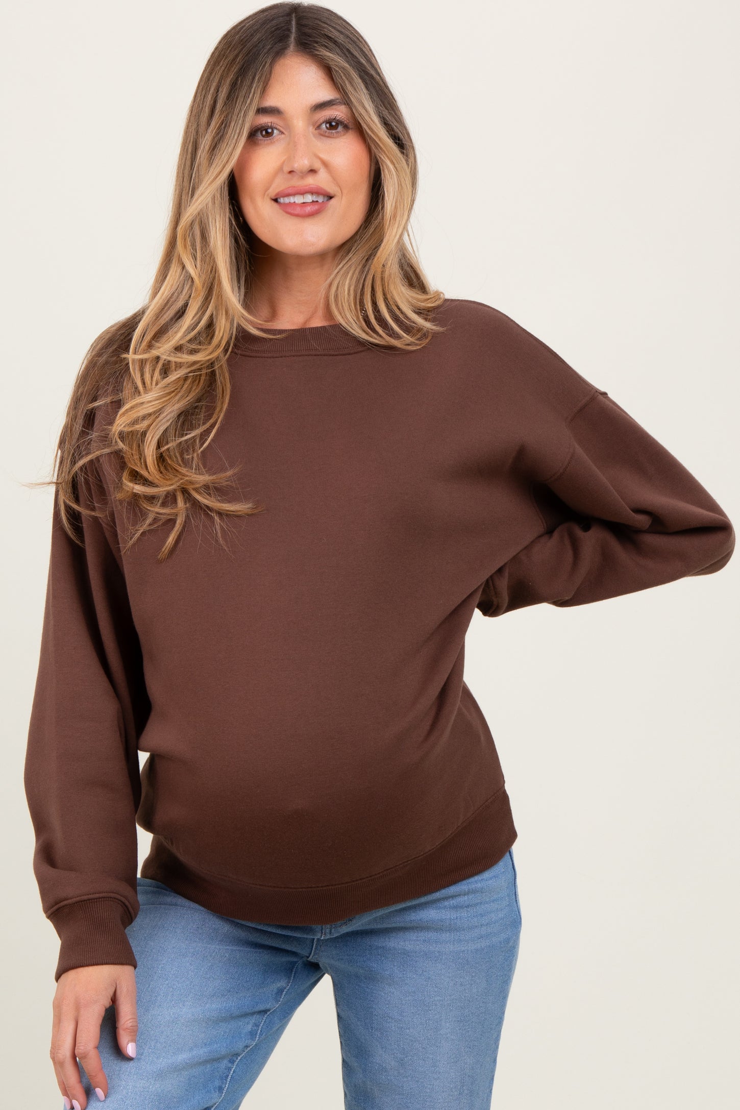 Brown Basic Fleece Crewneck Maternity Sweatshirt