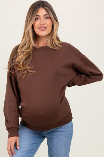 Brown Basic Fleece Crewneck Maternity Sweatshirt