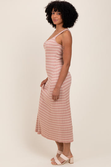 Blush/Cream Lightweight Rib Fit And Flare Midi Dress