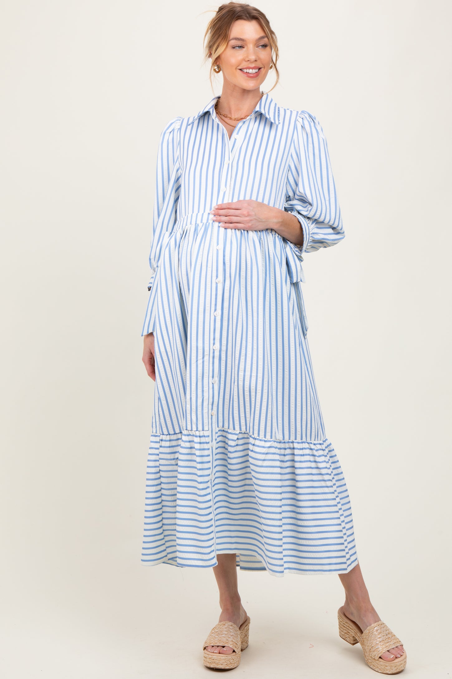 Blue Striped Collar Maternity Maxi Dress