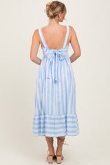 Light Blue Stripe Back Ribbon Tie Midi Dress