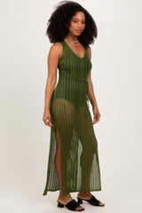 Olive Crochet V-Neck Side Slit Cover Up